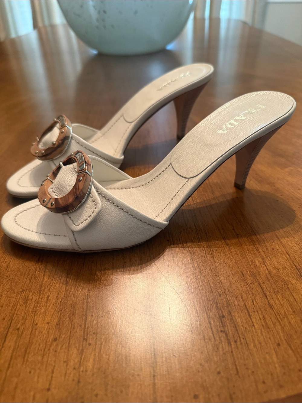 Prada White Leather Slide Mules with Wood-Tone Circular Buckle - Picture 5 of 6